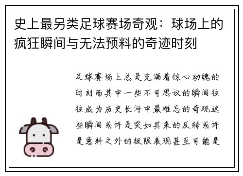 史上最另类足球赛场奇观：球场上的疯狂瞬间与无法预料的奇迹时刻